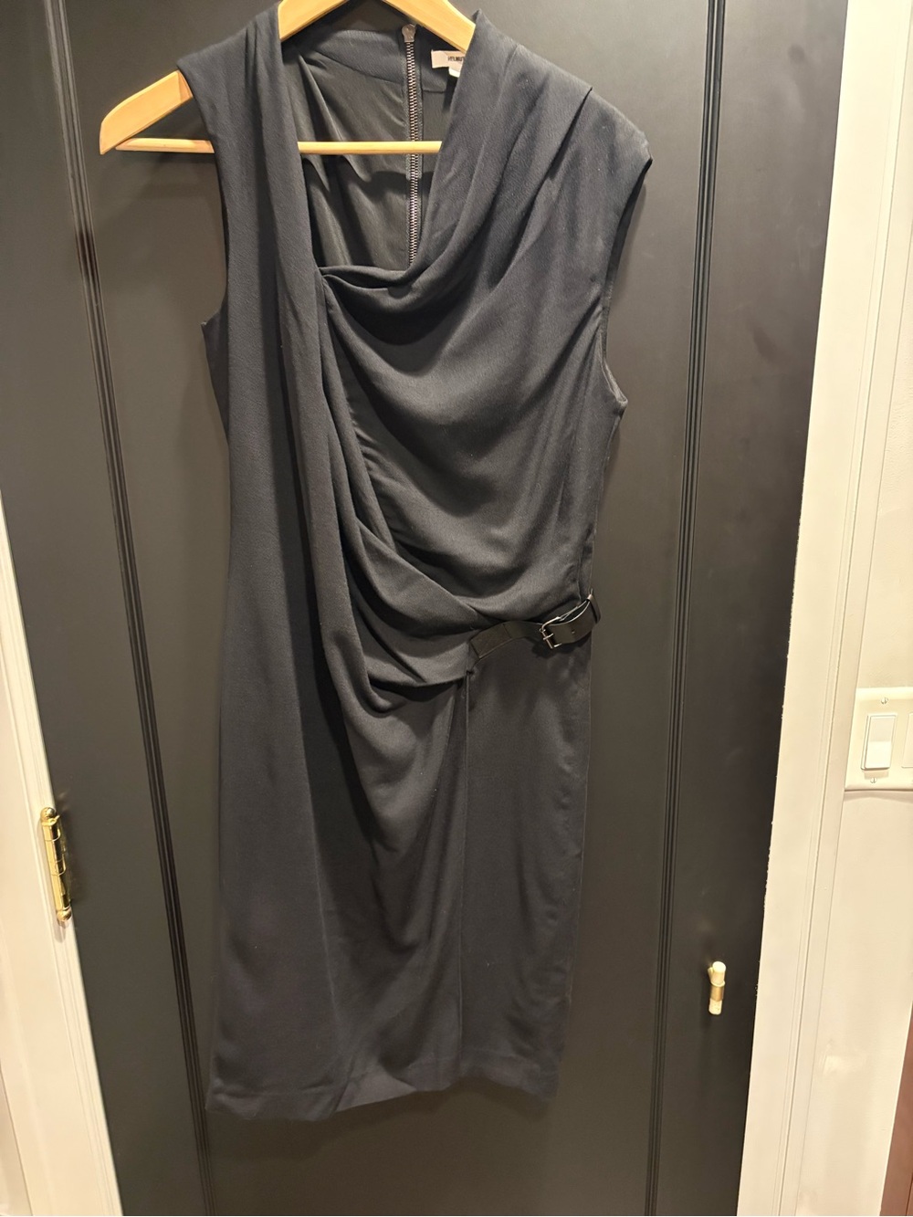 Helmut Lang Black Sleeveless Draped wool Dress Side Buckle nwt 495.00 size 6